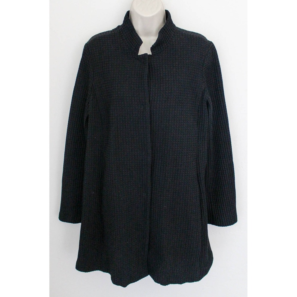 Eileen Fisher Long Jacket Large Black Waffle Knit Stand Collar Snap Buttons